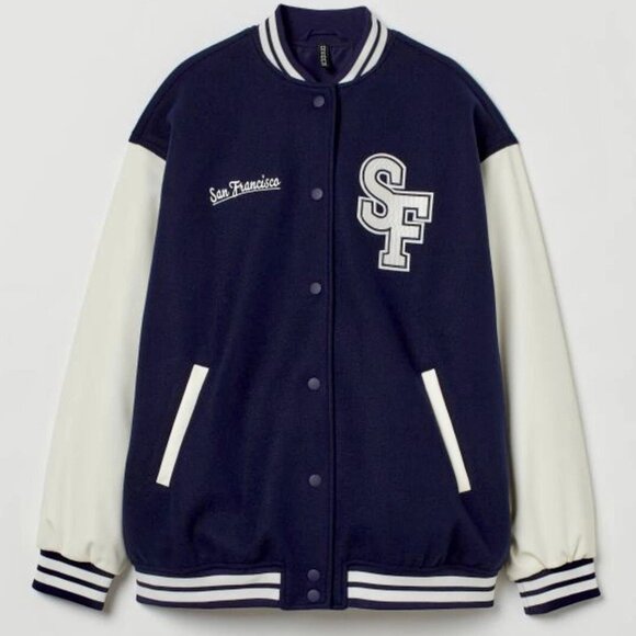 H&M Navy and Cream Varsity Baseball Jacket - Picture 1 of 2